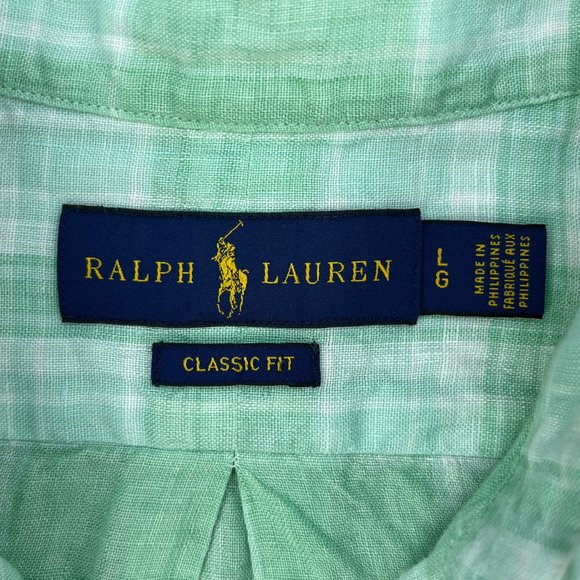 Ralph Lauren Linen Shirt Mens L Long Sleeve Button-Down Classic Fit Green Plaid - Picture 6 of 12